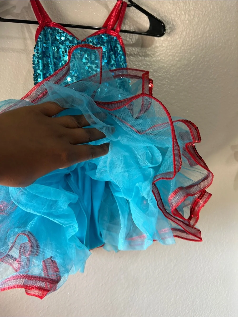 Weissman Teal Sequin Red Trim Tutu Costume Sz 1C Dance Ruffle Sleeveless
